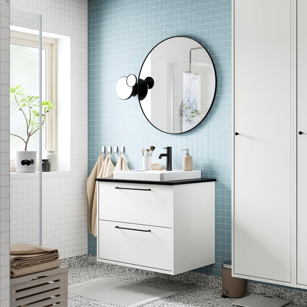 HAVBÄCK / ORRSJÖN Meuble sdb avec tiroirs/lavabo, blanc/noir marbré, 31x21 1/2x28 3/8 "