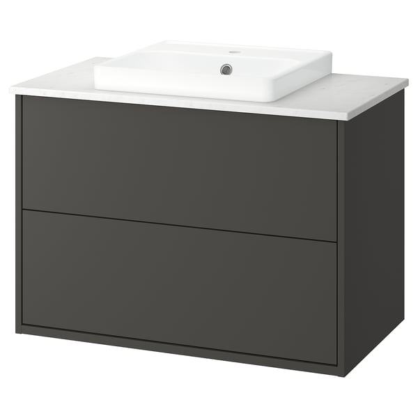 HAVBÄCK / ORRSJÖN Meuble sdb avec tiroirs/lavabo, gris foncé/blanc marbré, 37x21 1/2x28 3/8 "