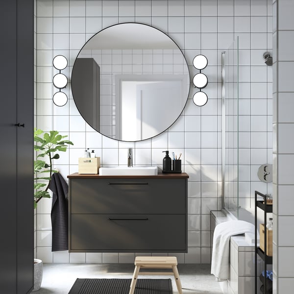 HAVBÄCK / ORRSJÖN Meuble sdb avec tiroirs/lavabo, gris foncé/brun effet noyer, 37x21 1/2x28 3/8 "