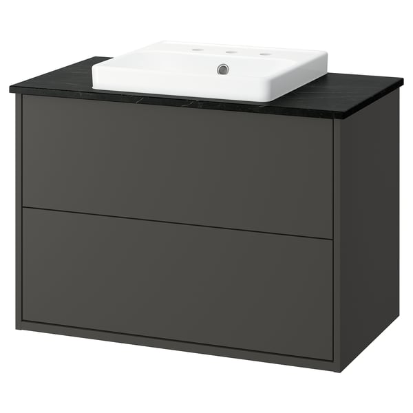 HAVBÄCK / ORRSJÖN Meuble sdb avec tiroirs/lavabo, gris foncé/effet marbre noir, 37x21 1/2x28 3/8 "