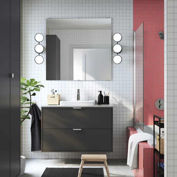 HAVBÄCK / ORRSJÖN Meuble sdb avec tiroirs/lavabo, gris foncé/gris eff pierre, 37x21 1/2x28 3/8 "