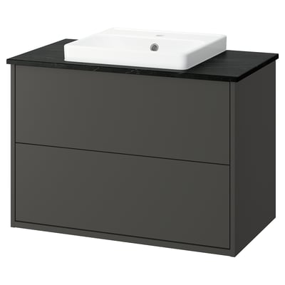 HAVBÄCK / ORRSJÖN Meuble sdb avec tiroirs/lavabo, gris foncé/noir marbré, 37x21 1/2x28 3/8 "