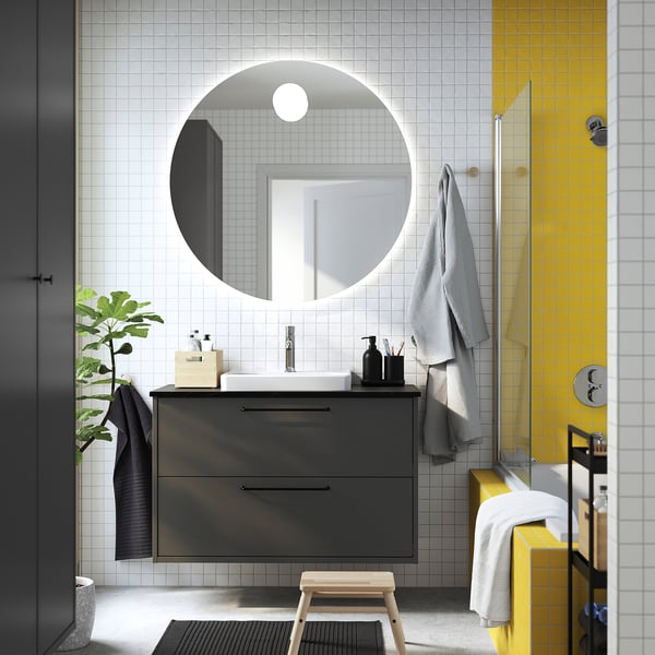 HAVBÄCK / ORRSJÖN Meuble sdb avec tiroirs/lavabo, gris foncé/noir marbré, 37x21 1/2x28 3/8 "