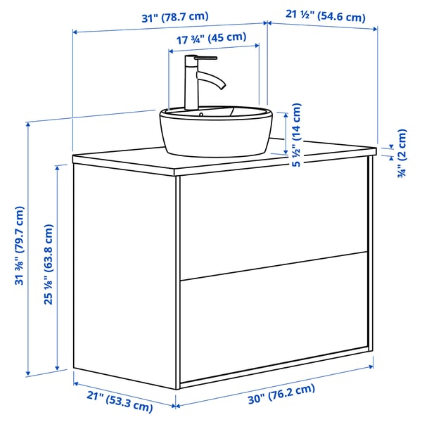 HAVBÄCK / TÖRNVIKEN Meuble à tiroirs/lavabo/mitigeur, blanc/blanc marbré, 31x21 1/2x31 3/8 "