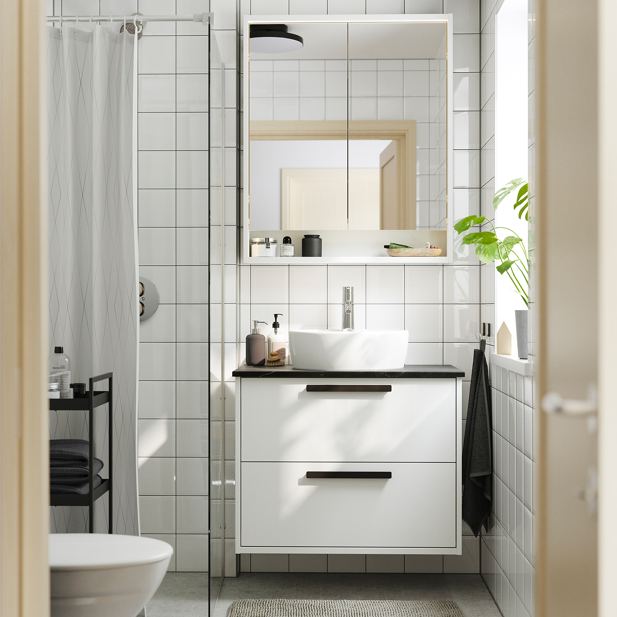 HAVBÄCK / TÖRNVIKEN Meuble à tiroirs/lavabo/mitigeur, blanc/noir marbré, 31x21 1/2x31 3/8 "