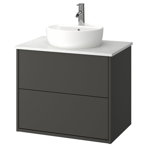 HAVBÄCK / TÖRNVIKEN Meuble à tiroirs/lavabo/mitigeur, gris foncé/blanc marbré, 31x21 1/2x31 3/8 "
