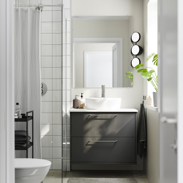 HAVBÄCK / TÖRNVIKEN Meuble à tiroirs/lavabo/mitigeur, gris foncé/blanc marbré, 31x21 1/2x31 3/8 "