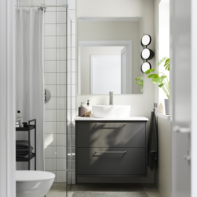 HAVBÄCK / TÖRNVIKEN Meuble à tiroirs/lavabo/mitigeur, gris foncé/blanc marbré, 31x21 1/2x31 3/8 "