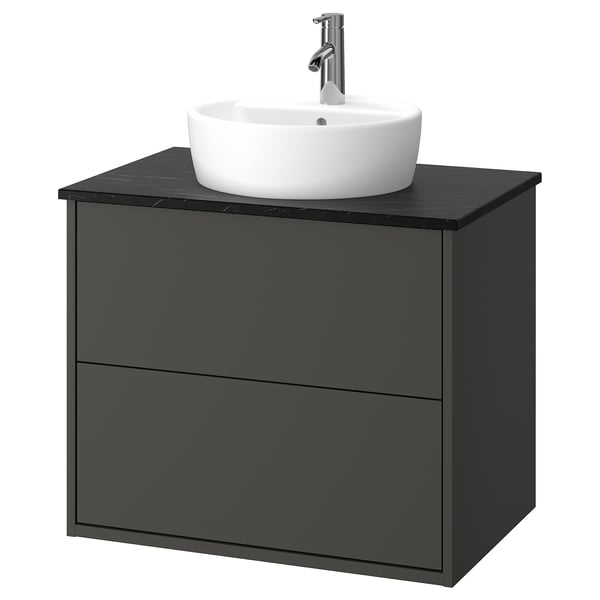 HAVBÄCK / TÖRNVIKEN Meuble à tiroirs/lavabo/mitigeur, gris foncé/noir marbré, 31x21 1/2x31 3/8 "