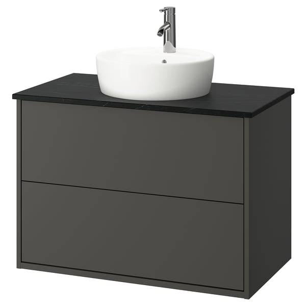 HAVBÄCK / TÖRNVIKEN Meuble à tiroirs/lavabo/mitigeur, gris foncé/noir marbré, 37x21 1/2x31 3/8 "