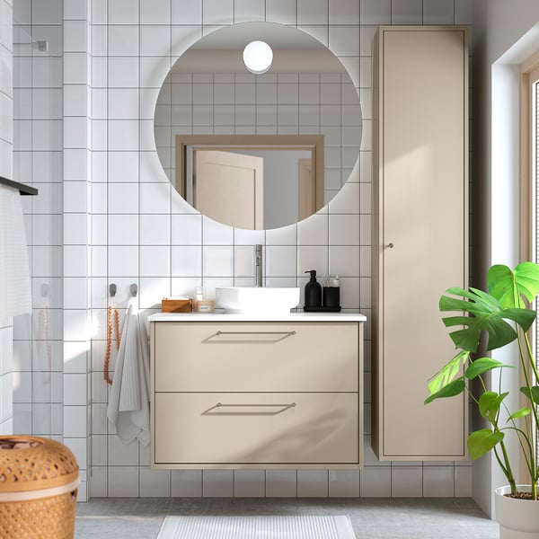 HAVBÄCK / VINDELÄLVEN Meuble sdb avec tiroirs/lavabo, beige/blanc marbré, 37x21 1/2x30 5/8 "