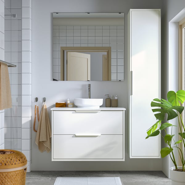 HAVBÄCK / VINDELÄLVEN Meuble sdb avec tiroirs/lavabo, blanc/blanc marbré, 37x21 1/2x30 5/8 "