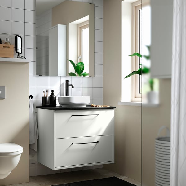 HAVBÄCK / VINDELÄLVEN Meuble sdb avec tiroirs/lavabo, blanc/noir marbré, 31x21 1/2x30 5/8 "