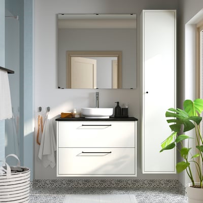 HAVBÄCK / VINDELÄLVEN Meuble sdb avec tiroirs/lavabo, blanc/noir marbré, 37x21 1/2x30 5/8 "