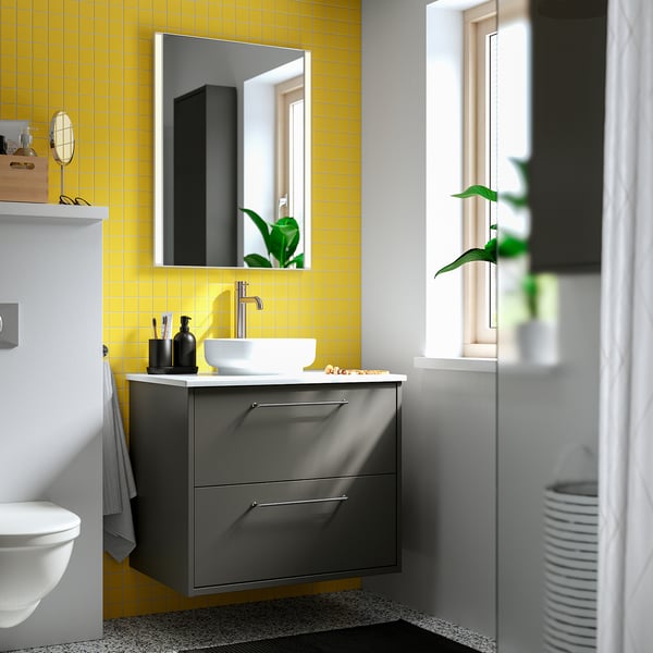 HAVBÄCK / VINDELÄLVEN Meuble sdb avec tiroirs/lavabo, gris foncé/blanc marbré, 31x21 1/2x30 5/8 "