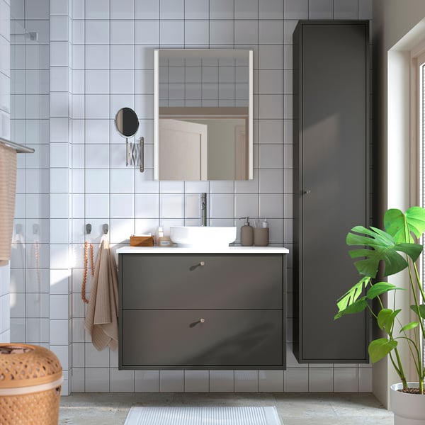HAVBÄCK / VINDELÄLVEN Meuble sdb avec tiroirs/lavabo, gris foncé/blanc marbré, 37x21 1/2x30 5/8 "