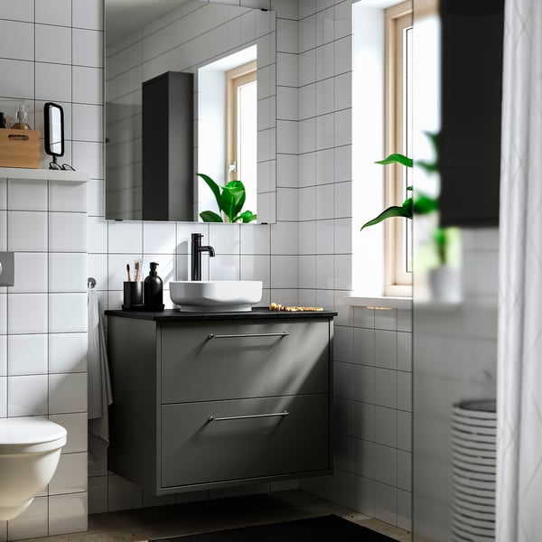 HAVBÄCK / VINDELÄLVEN Meuble sdb avec tiroirs/lavabo, gris foncé/noir marbré, 31x21 1/2x30 5/8 "