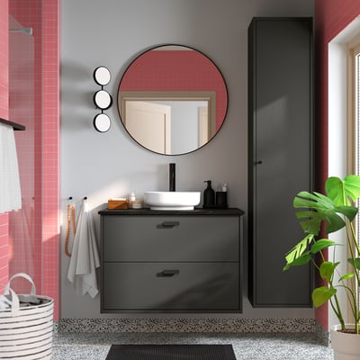 HAVBÄCK / VINDELÄLVEN Meuble sdb avec tiroirs/lavabo, gris foncé/noir marbré, 37x21 1/2x30 5/8 "