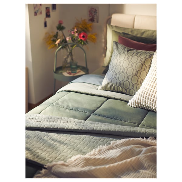 HEDFRYLE Édredon et taie(s) d'oreiller, vert, Lit 1 place, très grand