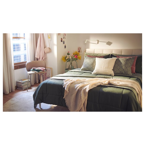 HEDFRYLE Ensemble couette et oreillers, vert, 2 places/grand 2 places