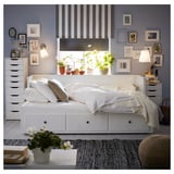 HEMNES Lit d'appoint, 3 tiroirs/2 matelas, blanc/Åsvang mi-ferme, 1 place