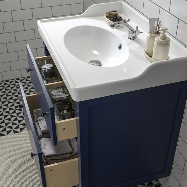HEMNES / RUTSJÖN Meuble à tiroirs/lavabo/mitigeur, bleu, 31 3/8x21 7/8x37 "