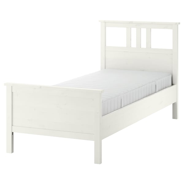 HEMNES Structure de lit avec matelas, teinté blanc/Valevåg mi-ferme, 1 place