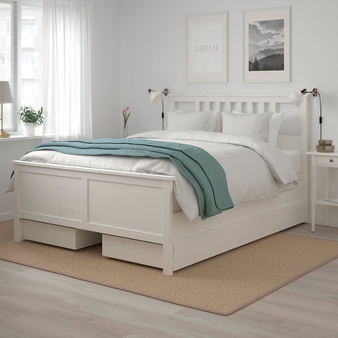 HEMNES Structure lit+4 tiroirs, teinté blanc, Espevär, Grand deux