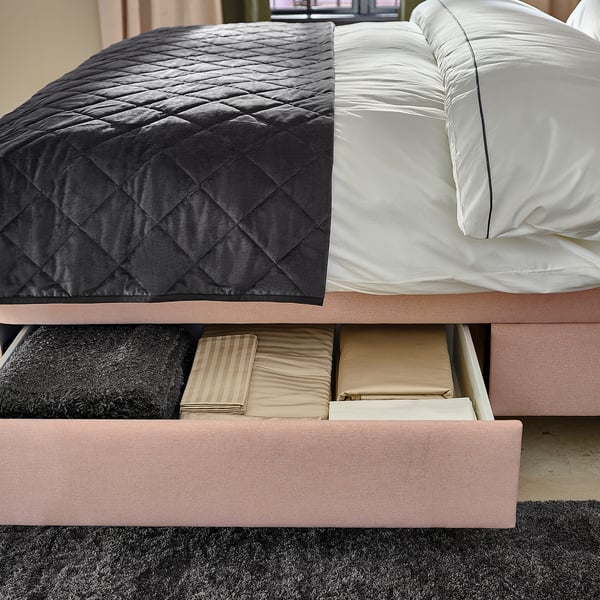 IDANÄS Lit matelassé à rangement intégré, Gunnared rose clair, Grand 2 places