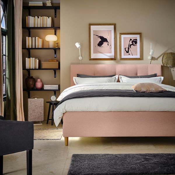 IDANÄS Lit matelassé à rangement intégré, Gunnared rose clair, Grand 2 places