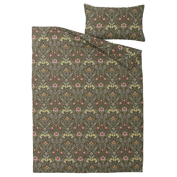 KÄRRDUNÖRT Housse de couette et taie(s), vert foncé/multicolore, 1 place