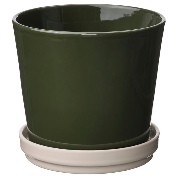 KLOTLÖNN Pot avec coupelle, intérieur/extérieur/gris-vert foncé beige clair, 6 "