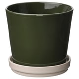 KLOTLÖNN Pot avec coupelle, intérieur/extérieur/gris-vert foncé beige clair, 6 "