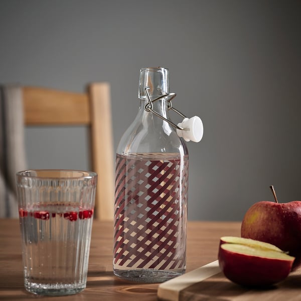 KORKEN Bouteille avec bouchon, verre clair rayé/brun-rouge, 17 oz