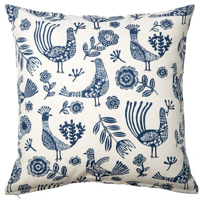 KRUTBRÄNNARE Housse de coussin, écru bleu/Oiseaux motif floral, 20x20 "