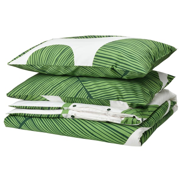 KUNGSCISSUS Housse de couette et taie(s), blanc/vert, 2 places/grand 2 places