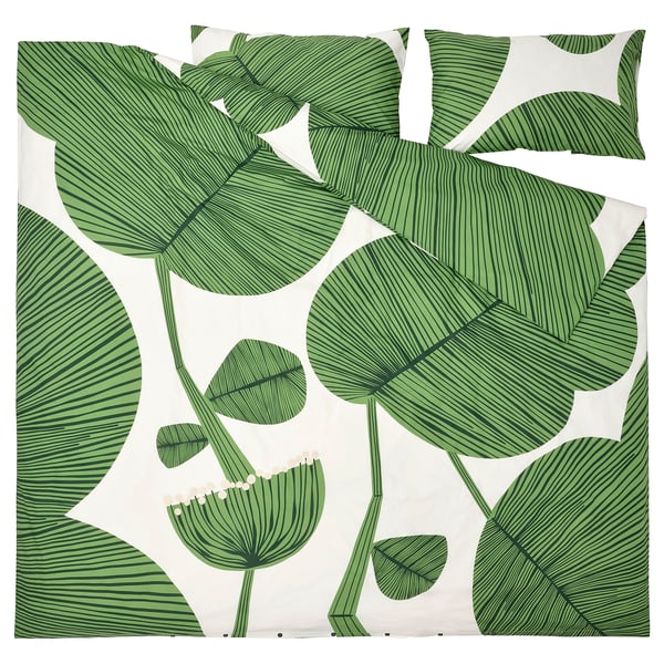 KUNGSCISSUS Housse de couette et taie(s), blanc/vert, 2 places/grand 2 places