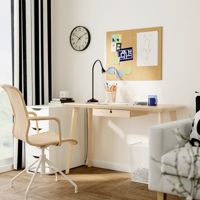LISABO / STIGBYGEL Bureau et chaise, frêne plaqué beige/blanc