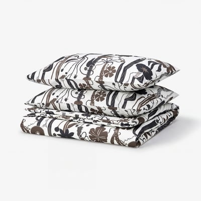 LUNDSKAFTING Housse de couette et taie(s), blanc/noir/brun, 2 places/grand 2 places