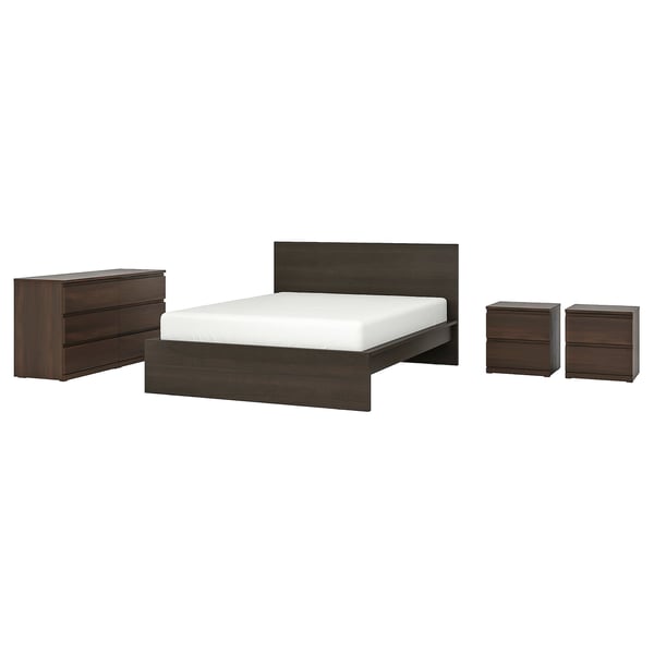 MALM / STORKLINTA Mobilier chambre, ensemble de 4, brun foncé plaqué/brun foncé eff chêne, Grand 2 places