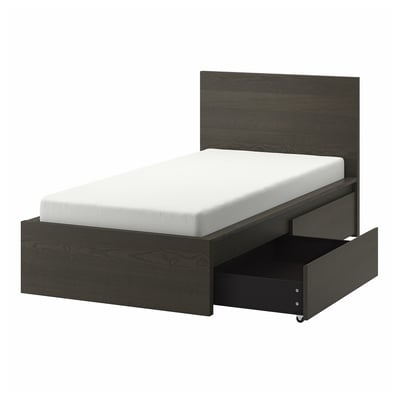 MALM Struct de lit, haut, 2 tiroirs, brun foncé plaqué, 1 place