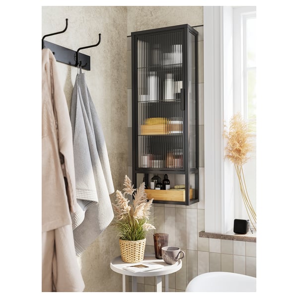 MOSSJÖN Armoire murale+tablettes/pte vitrée, anthracite, 14 1/8x7 1/8x40 1/8 "