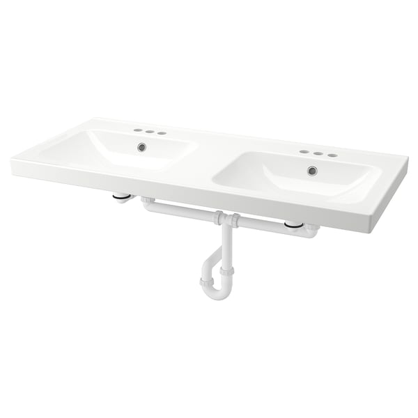 ORRSJÖN Lavabo double avec siphon, blanc 4" centré, 49x21 3/4 "