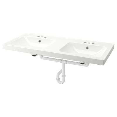 ORRSJÖN Lavabo double avec siphon, blanc 4" centré, 49x21 3/4 "