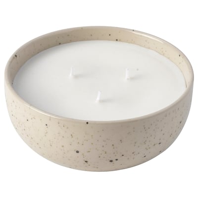 PÄRLHÖNA Bougie parfumée en pot céram, 3 mch, Rose et œillet blanc cassé, 30 hr