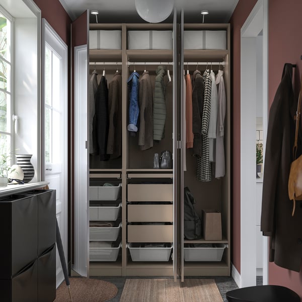 PAX / ÅHEIM Agencement armoire-penderie, gris-beige/verre miroir, 59x23 5/8x93 1/8 "