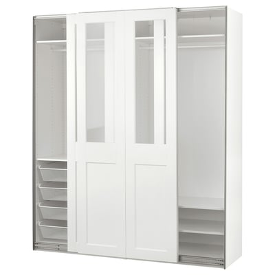 PAX / GRIMO Armoire portes coulissantes, blanc/verre clair blanc, 78 3/4x26x93 1/8 "