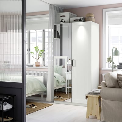 PAX / KAMMARTORP/GULLABERG Agencement armoire-penderie, blanc verre miroir/gris blanc, 39 3/8x23 5/8x79 1/4 "