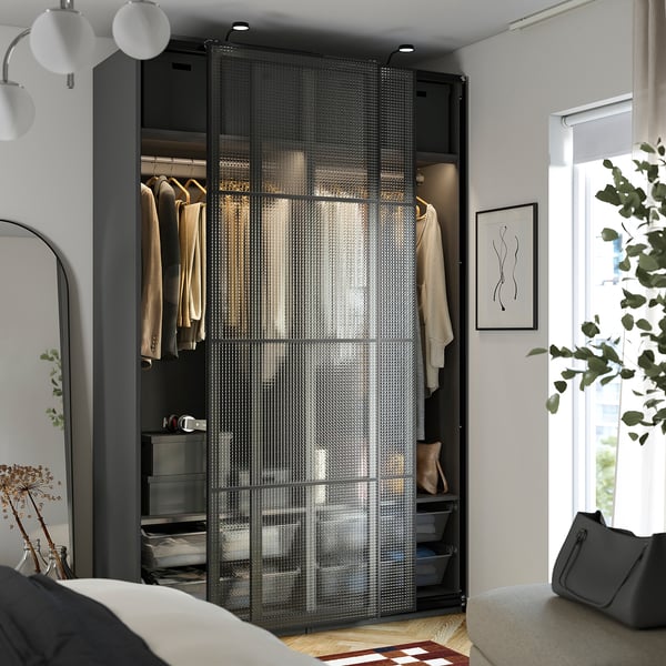 PAX / LUNDBRÄSMA Armoire portes coulissantes, gris foncé noir/verre à carreaux, 59x26x92 7/8 "
