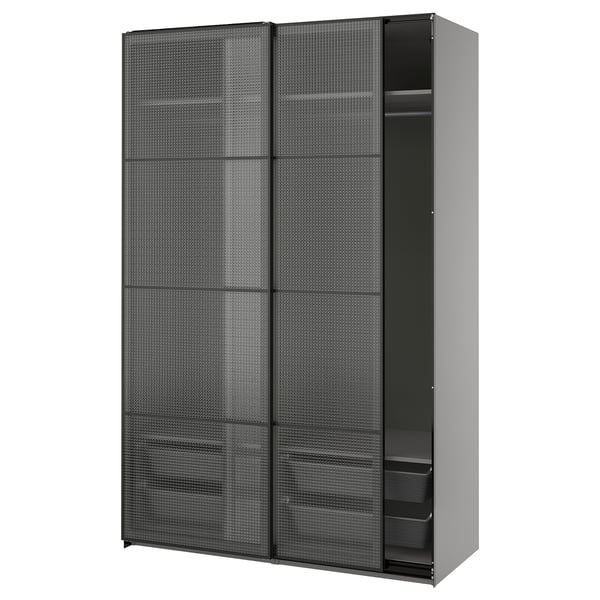 PAX / LUNDBRÄSMA Armoire portes coulissantes, gris foncé noir/verre à carreaux, 59x26x92 7/8 "